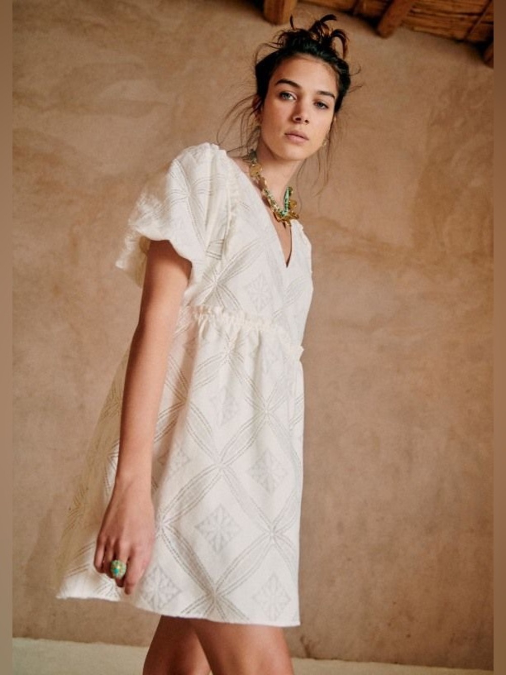 Sezane ‘Livy’ Reversible Puff Sleeve Mini Dress Ecru Lace 36